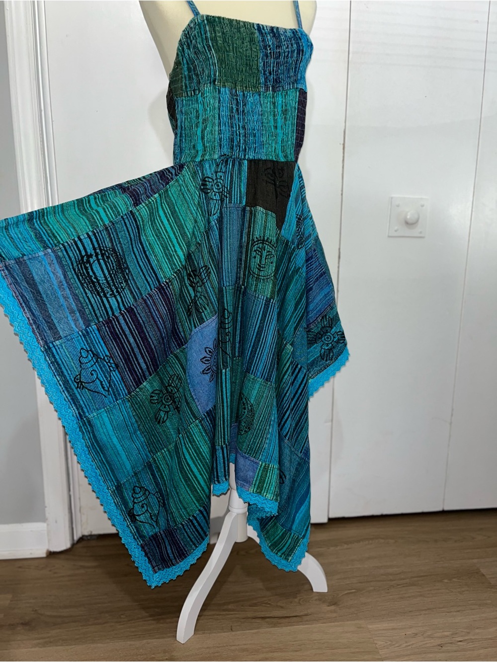 Ananta Cotton Patchwork & Printed Dress  Boho Crochet Trim Smocked Bodice NWT - Picture 3 of 13